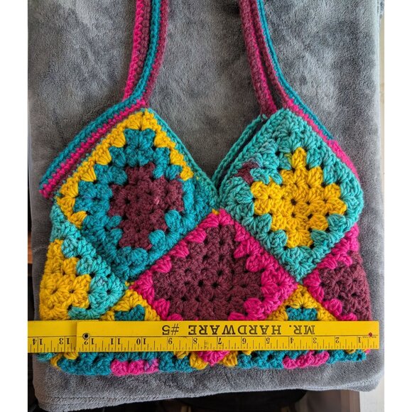 Handmade Multicolor Crochet Granny Square Lined Tote Bag With Patchwork Design - Picture 8 of 9